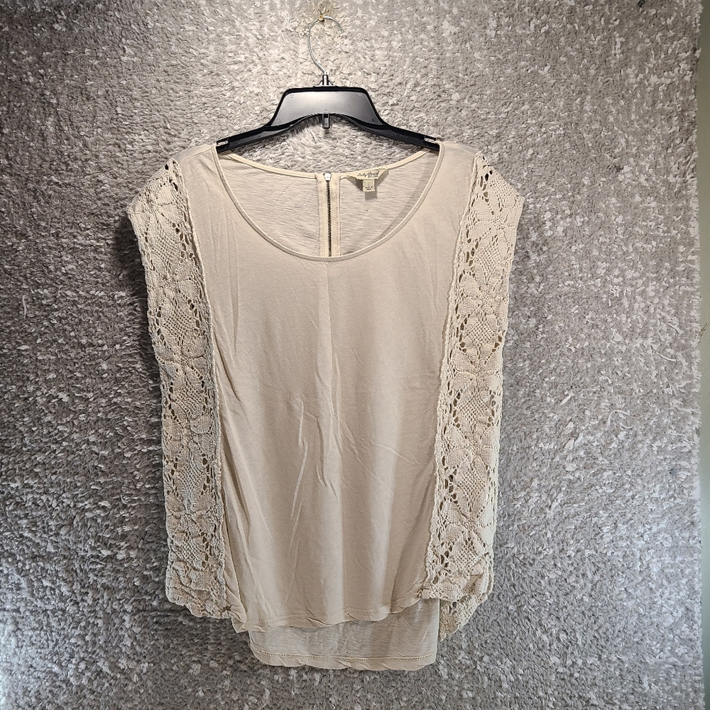 Lucky Brand Sleeveless Shirt Cream Crochet Sides Large Cotton Modal READ